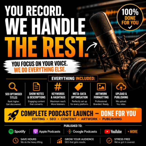 You record. We handle the rest – full podcast production, SEO, editing & publishing